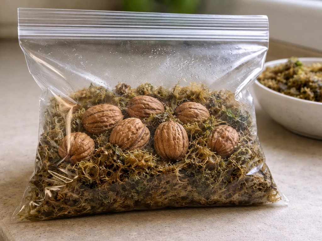 Hull-free walnuts in a sealed bag with slightly damp sphagnum moss for cold stratification