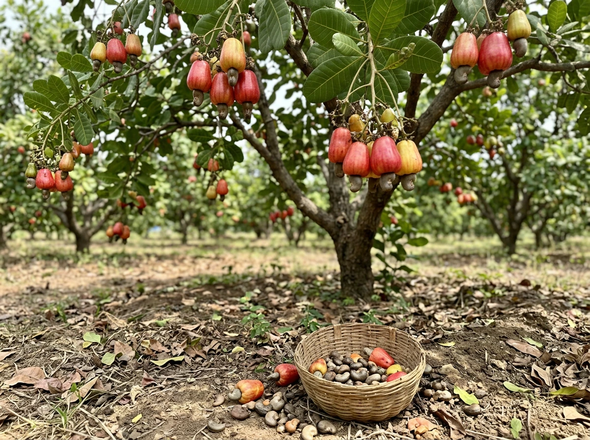 Cashew orchard with cashew apples and attached nuts showing how yield forms on trees