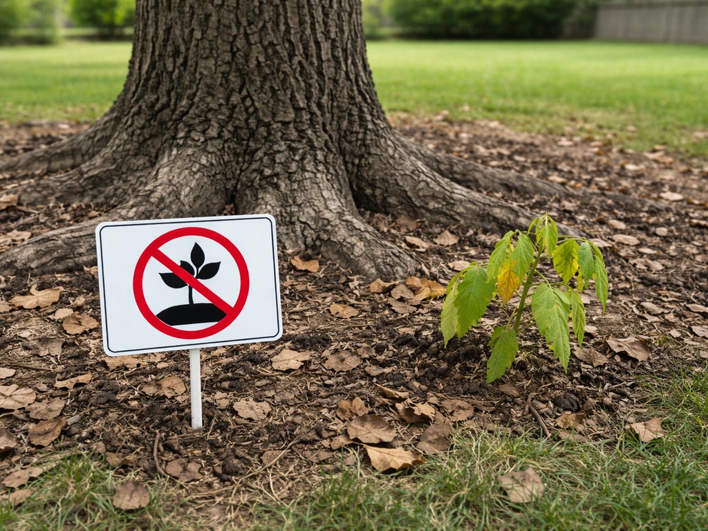 Black walnut tree trunk and surrounding soil with a warning sign near a struggling neighboring plant