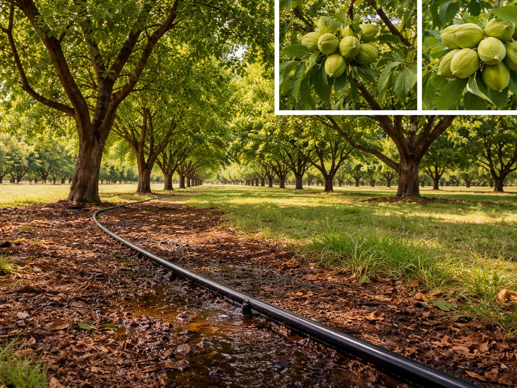 Orchard trees with drip irrigation and developing nuts, illustrating high-water demand