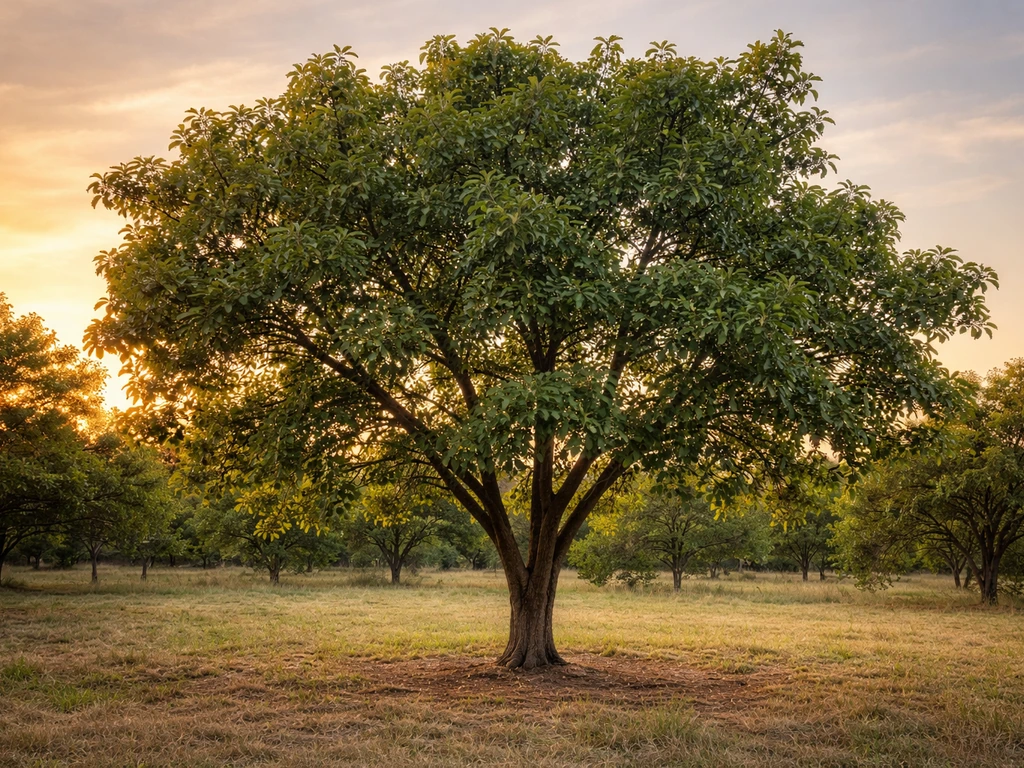 Healthy walnut tree in a Texas backyard orchard under a warm evening sky